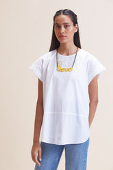 Yellow leather women's short with distinctive love-link metal necklace